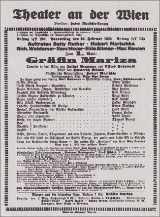 Emmerich Kálmán, "Gräfin Mariza". Affisch, premiärföreställningen Theater an der Wien den 28 februari 1924.