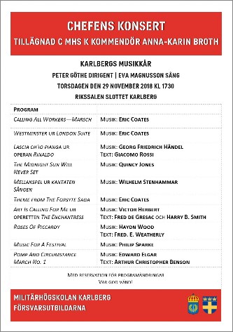 Programblad "Chefens konsert" Karlbergs Musikkår 29 november 2018.