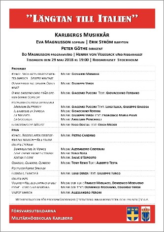 Programblad konsert Karlbergs Musikkår, Riddarhuset 29 maj 2018.