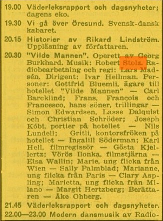 Program Radiotjänst AB 1937-11-20. Robert Stolz: "Grüezi" - "Vilde Mannen". CD S 0088.