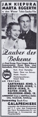 Filmannons "Zauber der Bohème". Film från 1937 med Marta Eggerth och Jan Kiepura. Musik: Robert Stolz. Bild från Zauber der Bohème. Filmarchiv Austria, Wien 2002. ISBN 3-901932-17-8.